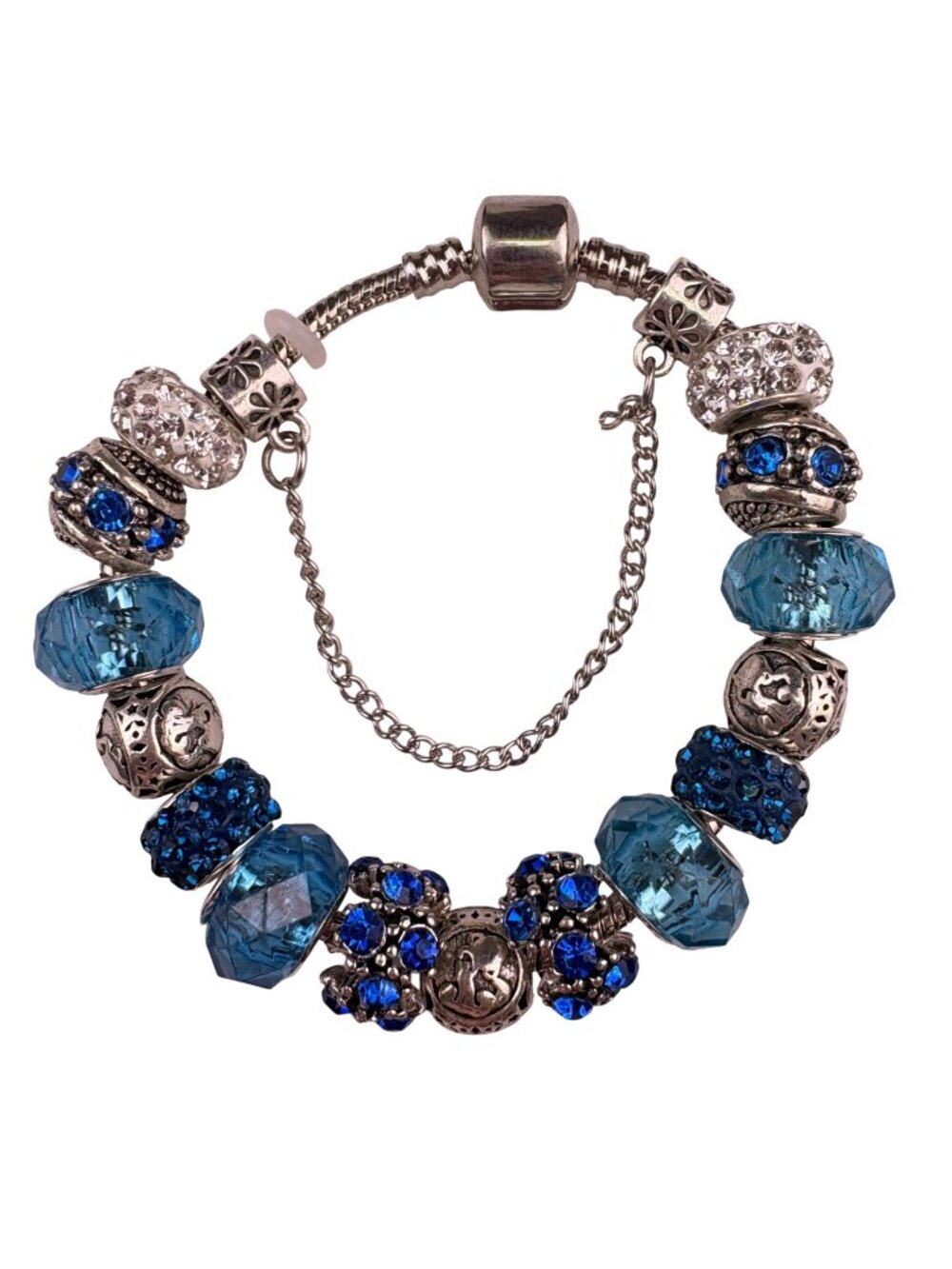 Sterling Silver Womens Blue Beaded Charm Bracelet Glass & Crystal Elegant Desig